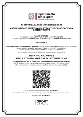 CERTIFICATO SPORT e SALUTE 2024 - a.s.d. ACCADEMIA DANZE TRIESTE